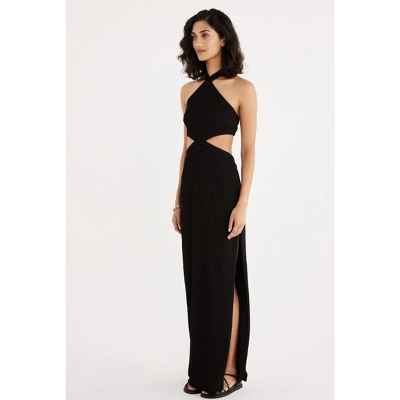 Rumer Women's Cassidy Ribbed Cutout Side Split Halter Maxi Dress Sz XS Black NWT - Picture 1 of 9